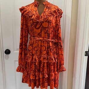 Women's Orange Floral Crushed Velvet Ruffle Midi Dress with Belted Waist